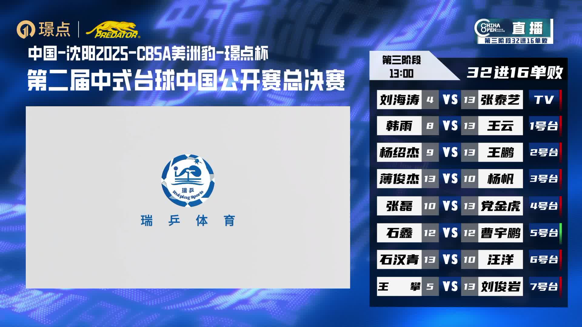 [直播]中式台球中国公开赛总决赛-TV1桌