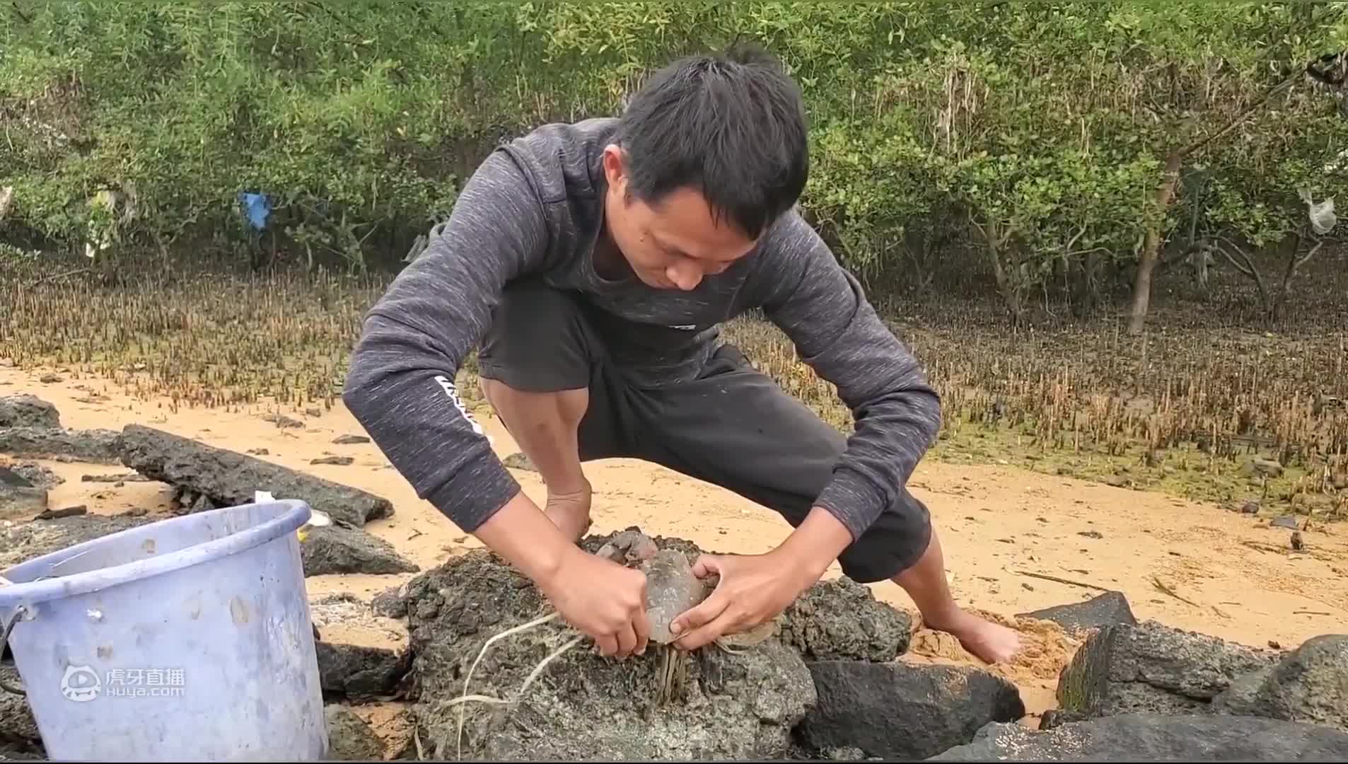 这个螃蟹太会躲藏了，还好阿豪力大无穷，终于把它抓住了